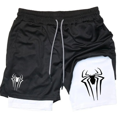 Y2K Performance Shorts Men – Spider Printed, Gym Casual Sports, Compression Shorts, Workout, Running, Mesh 2-in-1 Sport Shorts
