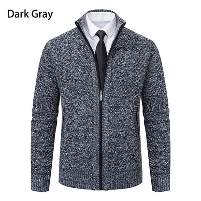 Jersey Men's Casual Sports Coat – Solid Color Stand Collar Sweater, Fleece-Lined, Warm Zipper Cardigan