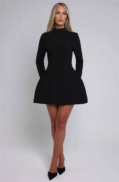 Long Sleeve Backless Sexy Mini Dress For Women New O Neck High Waist A-line