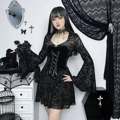 Gothic Long Sleeve Ruffle Mini Dress Women's Vintage V Neck Velvet Stretchy Bodycon