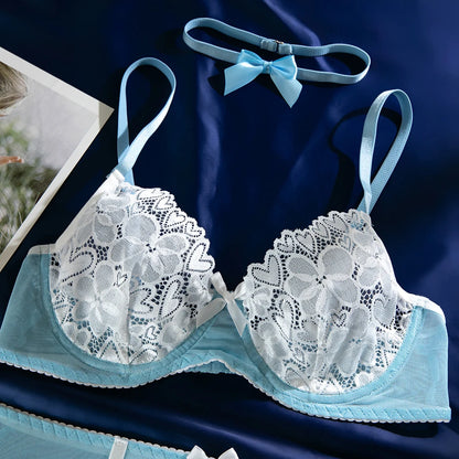Lace Bra Set – Women's 4-Piece Lingerie Set with Stockings, Floral Bra, Panty & Garter Kit, Sexy Erotic Intimates