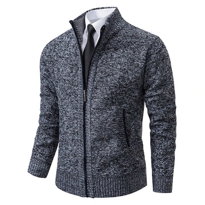 Jersey Men's Casual Sports Coat – Solid Color Stand Collar Sweater, Fleece-Lined, Warm Zipper Cardigan