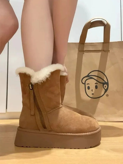 Thick Cotton Boots with Added Fleece – New Warm Fur Integrated Short Tube Thick Sole Snow Boots, Women's Side Zipper