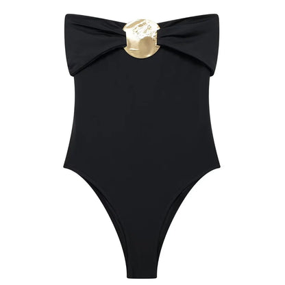 Women's Sexy Bodysuit – Sleeveless, Thong Design, Gold Glitter Bow, Corset Style, Off-Shoulder, Rave Festival Outfit