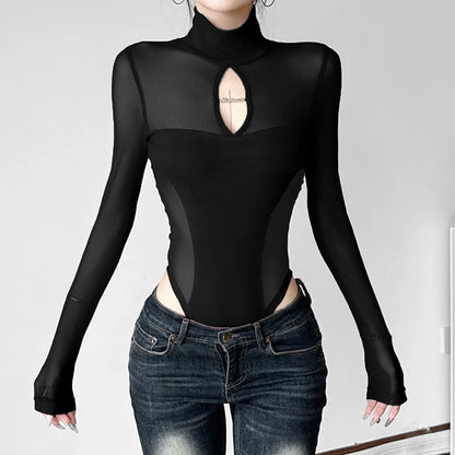 Hollow Out Mesh Bodysuit – Slim-Fit, Turtleneck, Long Sleeve, Korean Chic Elegance