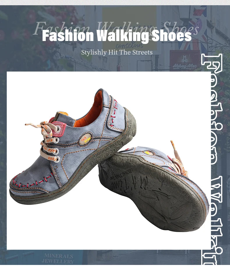 Hand-Stitched Leather Sneakers – Lightweight Flat Design Shoes for Women