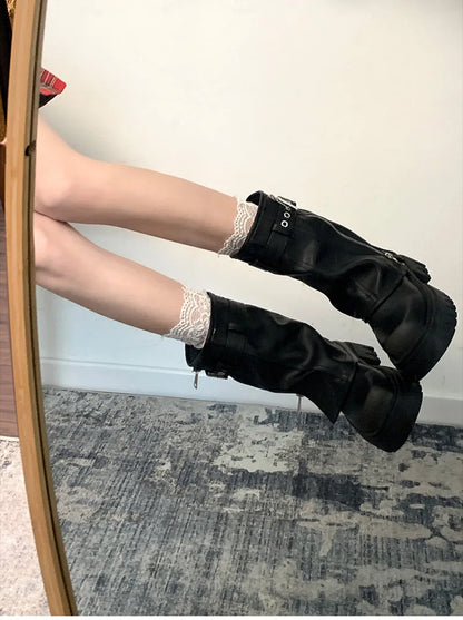 Biker Boots – Fashion Belt Buckle Ladies Elegant Platform Flats, Short Booties Casual Women’s Knight Booties, Winter Boots for Women
