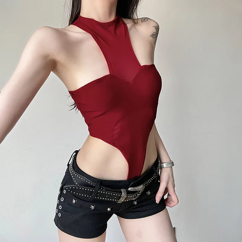 Red See-Through Mesh Bodysuit – Sexy Lingerie, Neck-Mounted, Y2K Festival Outfit