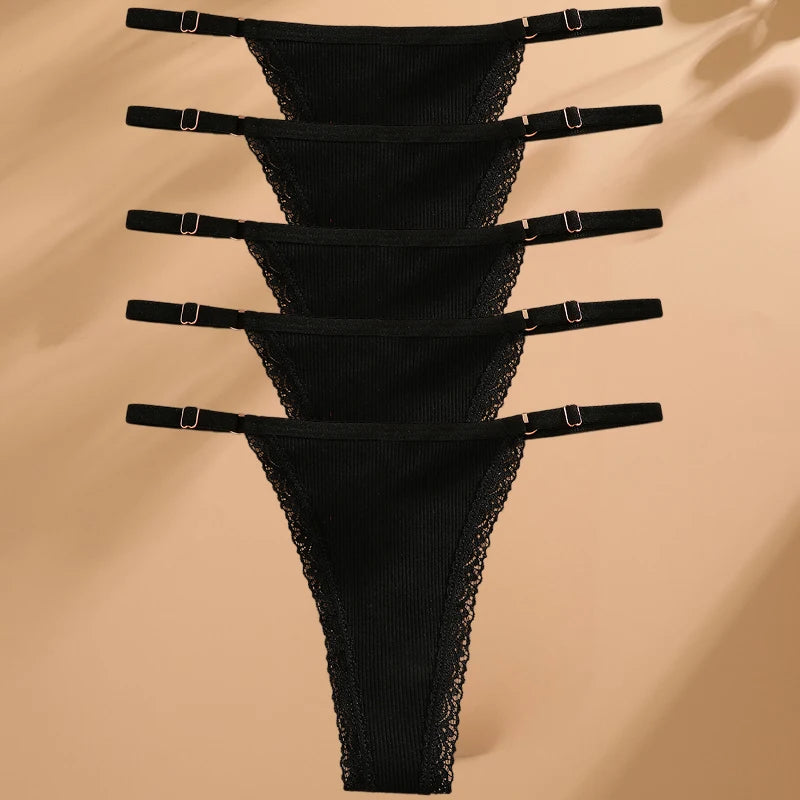 5PCS Sexy G-String Panties – Cotton, Adjustable Waist, Women's Bikini Thongs Lingerie