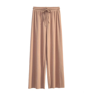 Women Ankle-Length Wide Leg Pants – Casual, Summer, Solid Color, Elastic Waist, Loose Fit, Ice Silk, Spring/Summer