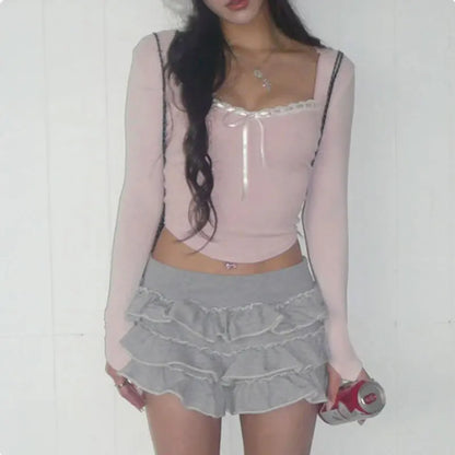 Cute Bandage Bow Cropped Top – Pink Coquette Y2K Square Collar Tee for Spring & Fall
