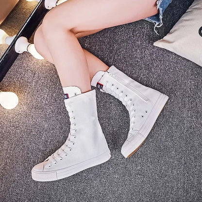 Women's Canvas Long Boots – High-Top, Lace-Up Knee-High Flats, Casual Vulcanized Sneakers