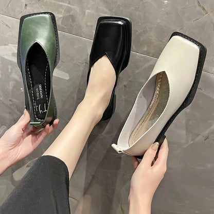 Flat Shoes Square Toe Single - Shoes Simple Temperament Leather Shoes Spring Round Toe Heels Women