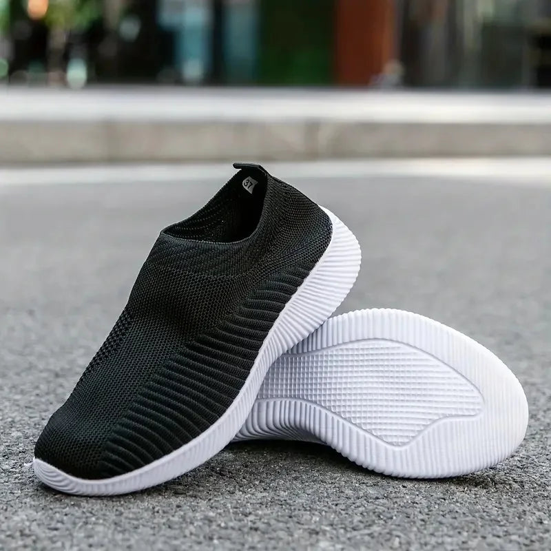 Solid Color Mesh Sneakers – Flying Woven Walking Fashion Slip-on Flat Shoes for Sports, Running, and Tennis