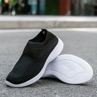 Solid Color Mesh Sneakers – Flying Woven Walking Fashion Slip-on Flat Shoes for Sports, Running, and Tennis