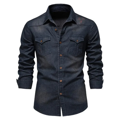 Elastic Cotton Denim Shirt Men Long Sleeve Quality Cowboy Shirts