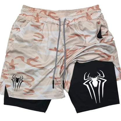 Y2K Performance Shorts Men – Spider Printed, Gym Casual Sports, Compression Shorts, Workout, Running, Mesh 2-in-1 Sport Shorts