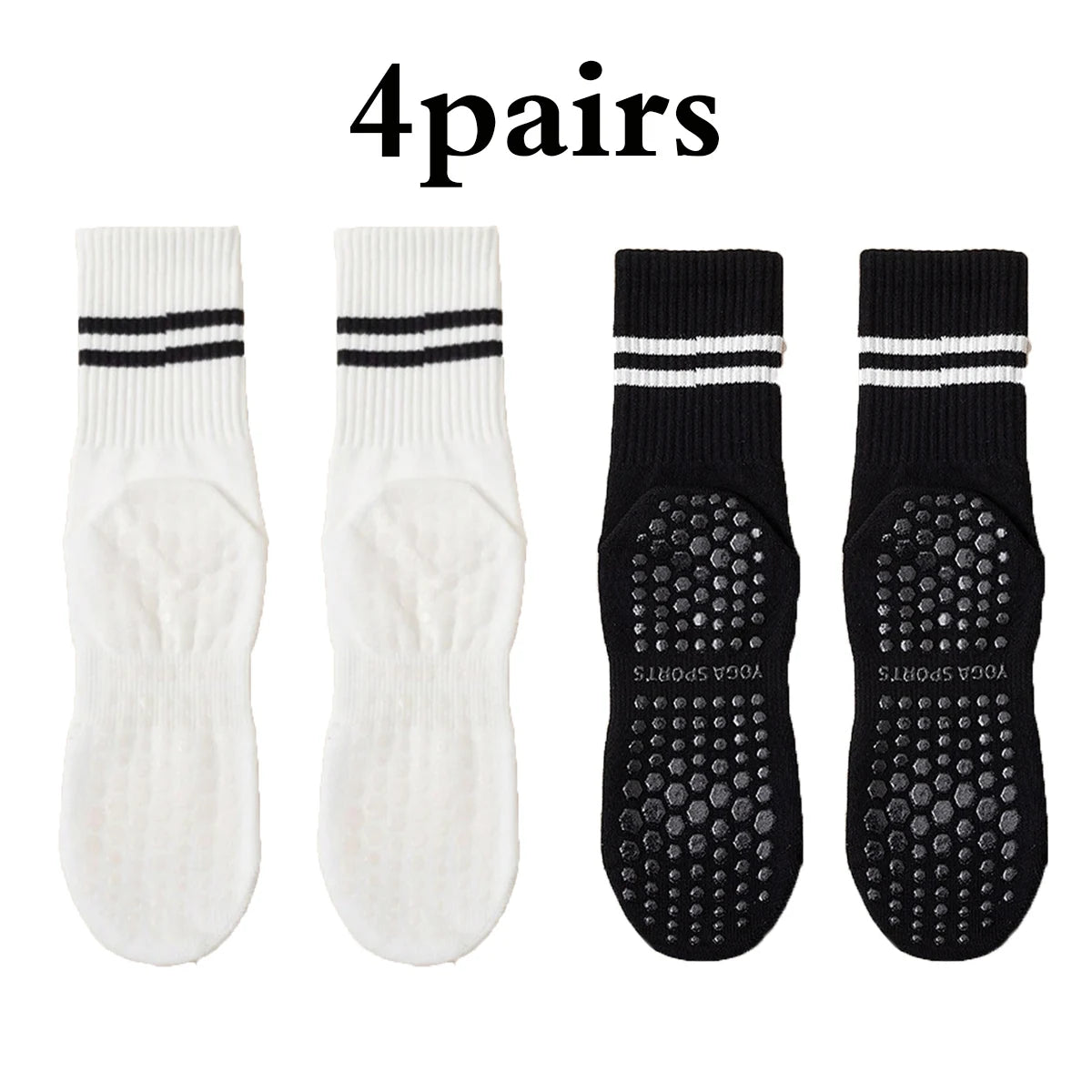 4 Pairs Medium length Socks, Pure Cotton Anti Slip Silicone Indoor Fitness Pilates