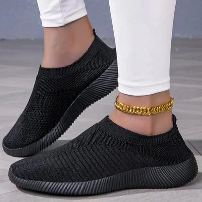 Solid Color Mesh Sneakers – Flying Woven Walking Fashion Slip-on Flat Shoes for Sports, Running, and Tennis