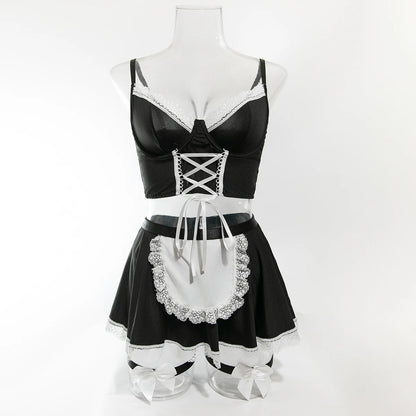 Maid Cosplay Lingerie Set – 5-Piece Sexy Lace Apron Uniform with Bow & Bandage Details