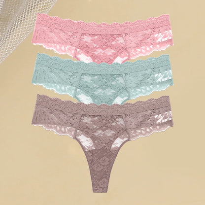 3PCS Lace Hollow Out Thong Panties – Sexy Floral Print, Solid Color, Low Waist, Breathable G-String Lingerie
