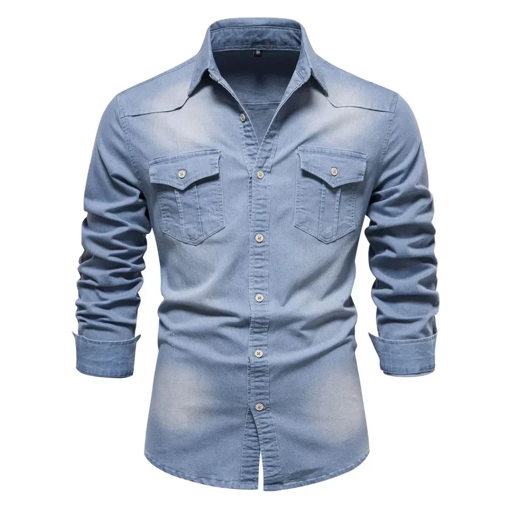 Elastic Cotton Denim Shirt Men Long Sleeve Quality Cowboy Shirts