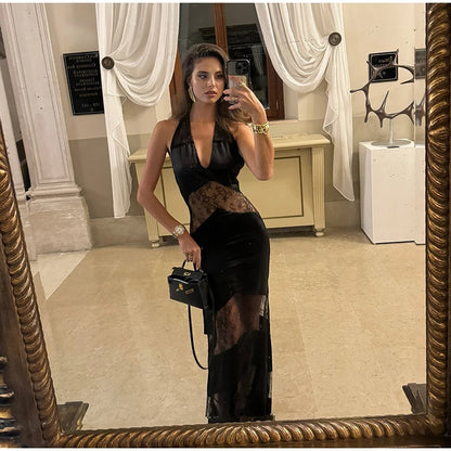 Lace See Through Sling Maxi Dress Women Sexy Slim Black Backless Sleeveless Long Dresses Female Summer Chic