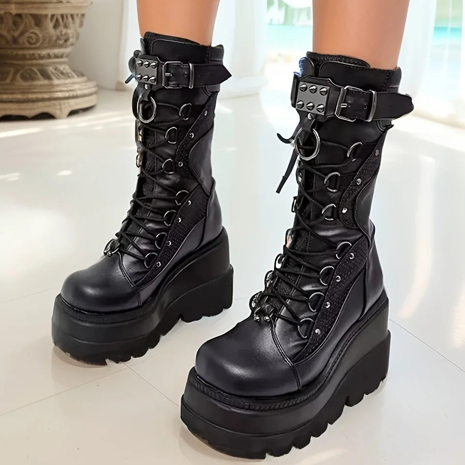 Goth Platform Boots - Fashion Rivet Buckle Punk Wedges, High Heels Women’s Boots, Party Street Cosplay, Brand New Ladies Shoes