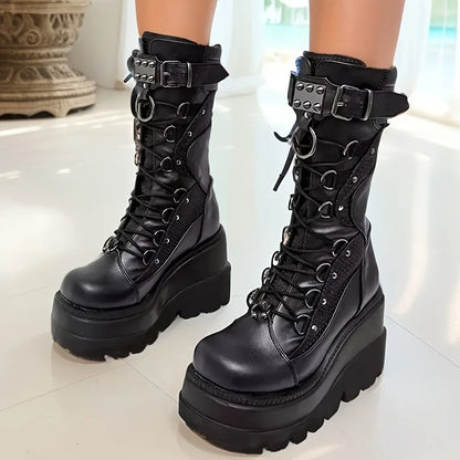 Goth Platform Boots - Fashion Rivet Buckle Punk Wedges, High Heels Women’s Boots, Party Street Cosplay, Brand New Ladies Shoes