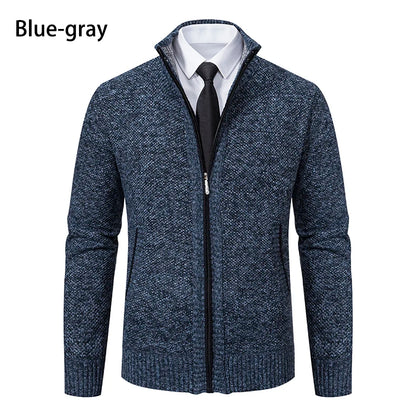 Jersey Men's Casual Sports Coat – Solid Color Stand Collar Sweater, Fleece-Lined, Warm Zipper Cardigan