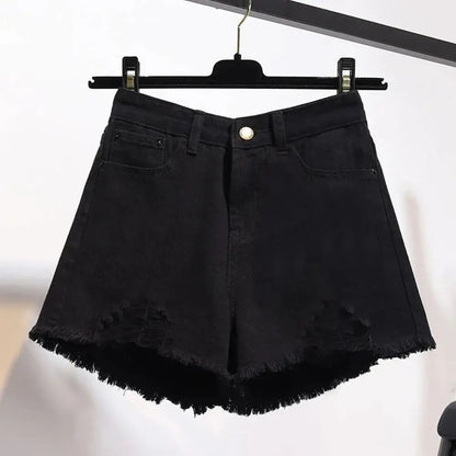 Women's Cowboy Shorts – Korean Style, High Waist, Casual, Denim, Pocket Design, Tassel, Perforated, Ripped Holes, Y2K White Jeans