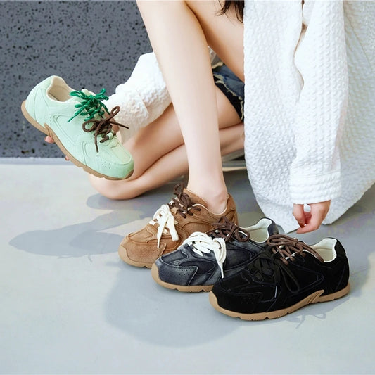 Genuine Leather Retro German Training Shoes - Women’s Winter Velvet Fur Flat Casual Sneakers, New Collection