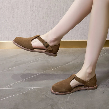 Flat-Soled Retro Frosted Genuine Leather Women's Sandals - New Hollow Roman Baotou Sandals for Women