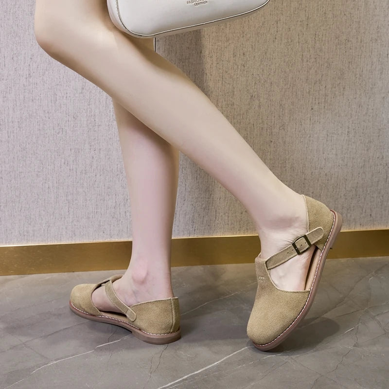 Flat-Soled Retro Frosted Genuine Leather Women's Sandals - New Hollow Roman Baotou Sandals for Women