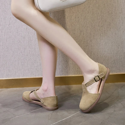 Flat-Soled Retro Frosted Genuine Leather Women's Sandals - New Hollow Roman Baotou Sandals for Women