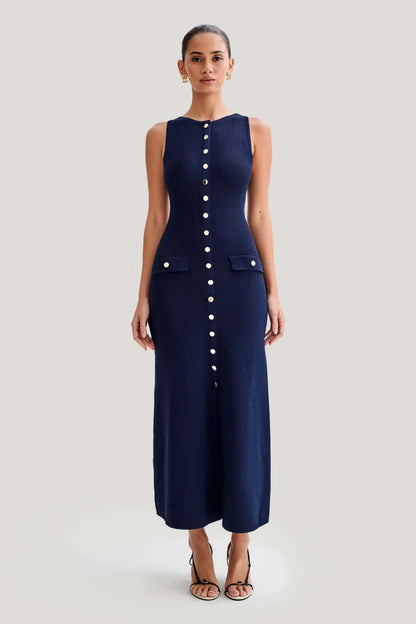 Knit Ribbed Cardigan Maxi Dress – High Waist, Slim Fit, Pocket Design, Sleeveless, Elegant, Party Dress, Women's Knitwear, Long Dress