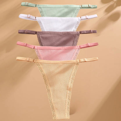 5PCS Sexy G-String Panties – Cotton, Adjustable Waist, Women's Bikini Thongs Lingerie
