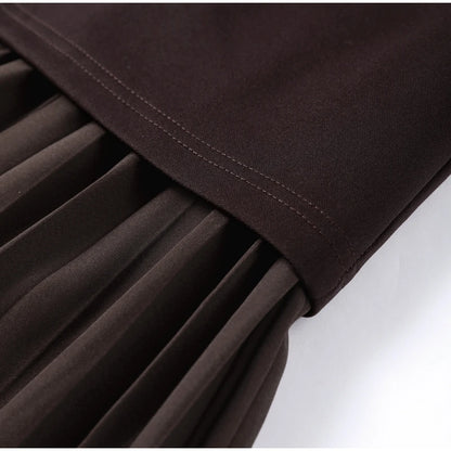 Chic Splicing Brown Maxi Dress – Half Sleeve, Pleated A-line, Slim Fit, Casual Office Commute Streetwear