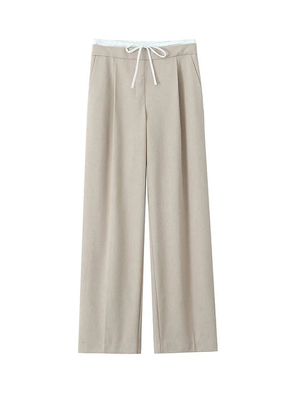 Women Fashion Straight Pants – Solid Color, Lace-Up, Side Zipper, Vintage Style, High Elastic Waist, Chic Lady Trousers