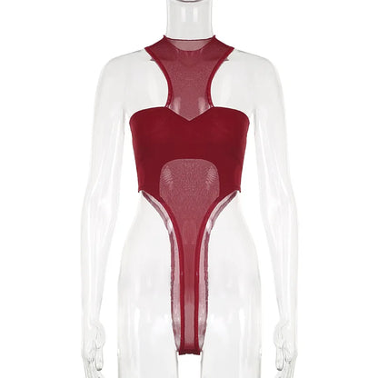Red See-Through Mesh Bodysuit – Sexy Lingerie, Neck-Mounted, Y2K Festival Outfit