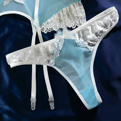 Lace Bra Set – Women's 4-Piece Lingerie Set with Stockings, Floral Bra, Panty & Garter Kit, Sexy Erotic Intimates