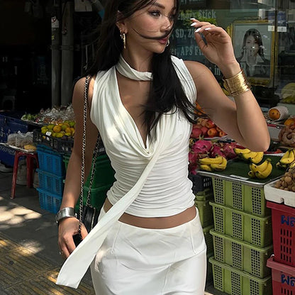 Tank Top – Solid Color, Sexy, Sleeveless, V-Neck, Fashionable, Bandage Detail, Streetwear, Casual, Slim Fit, Elegant, Knitted