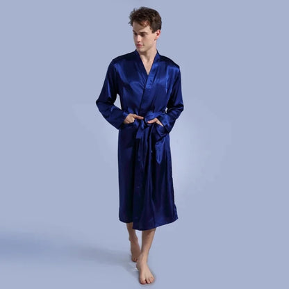 Men's Satin Kimono Robe – V Neck, Long Bathrobe, Sleepwear, Christmas & Wedding Party Loungewear Gown