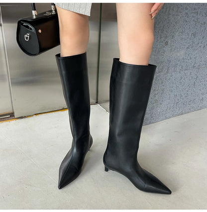 Fashion Sexy Pointed Low Heels Boots - Women's Knee-High PU Sewing Western Boots for Spring/Autumn Party