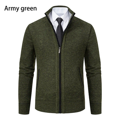 Jersey Men's Casual Sports Coat – Solid Color Stand Collar Sweater, Fleece-Lined, Warm Zipper Cardigan