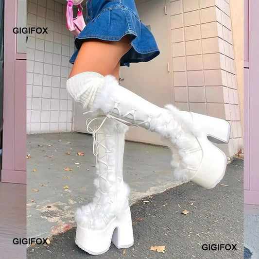 Platform Furry Boots - Chunky High Heeled Winter Autumn Knee-High Boots for Women, Faux Fur Zip, Gothic Punk Style