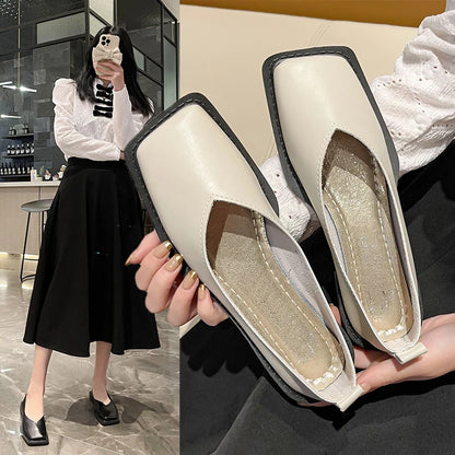 Flat Shoes Square Toe Single - Shoes Simple Temperament Leather Shoes Spring Round Toe Heels Women