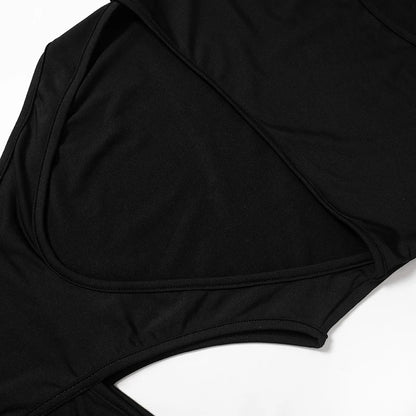 Zip Turtleneck Buckle Cutout Bodysuit – Long Sleeve, Sexy Club Romper, Black Techwear Jumpsuit for Women