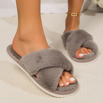 Cross Warm Fluffy Furry Slippers Women – Lightweight Flat Heels, Fur Slides, Autumn Winter Open Toe Non-Slip Home Floor Shoes