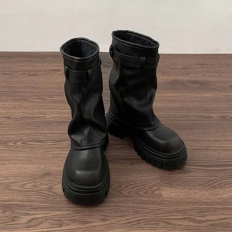 Biker Boots – Fashion Belt Buckle Ladies Elegant Platform Flats, Short Booties Casual Women’s Knight Booties, Winter Boots for Women